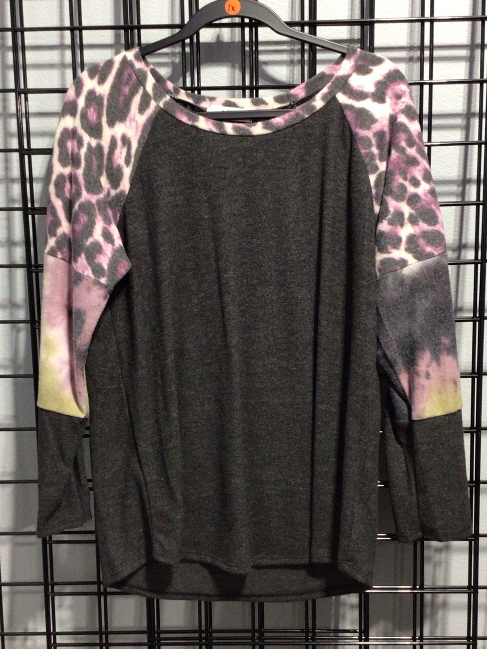 a.gain Gray Women's Raglan Top with Pink Leopard Sleeves NWOT